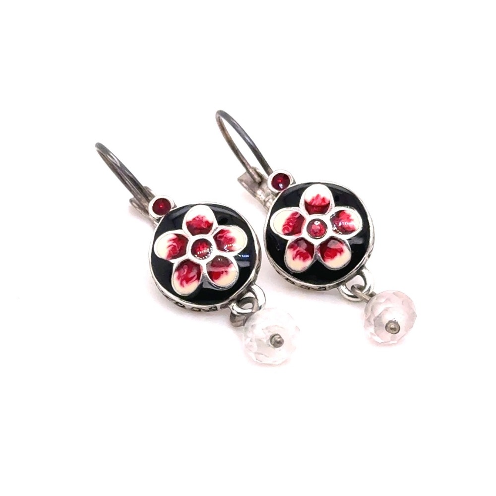 Brighton Enamel Flower Drop Earrings Red Black White Silver Tone Lever Back